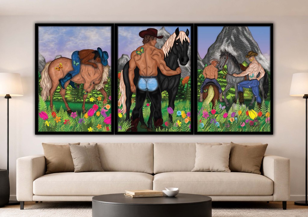 Western pop art featuring muscular cowboys with horses in a colourful mountain meadow, combining romantic masculine energy with bold fantasy illustration in a modern interior setting.