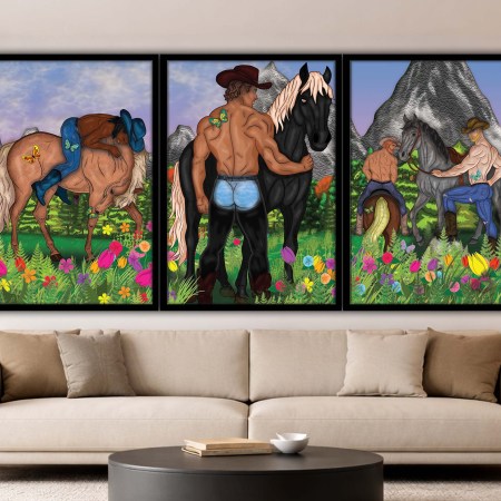 Western pop art featuring muscular cowboys with horses in a colourful mountain meadow, combining romantic masculine energy with bold fantasy illustration in a modern interior setting.