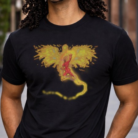Black apparel featuring glowing phoenix man design with fiery wings, worn by male model in a clean studio setting