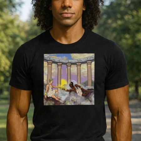 Apparel featuring artwork of two male Greek gods reaching across clouds and columns, glowing with divine energy on Mount Olympus.