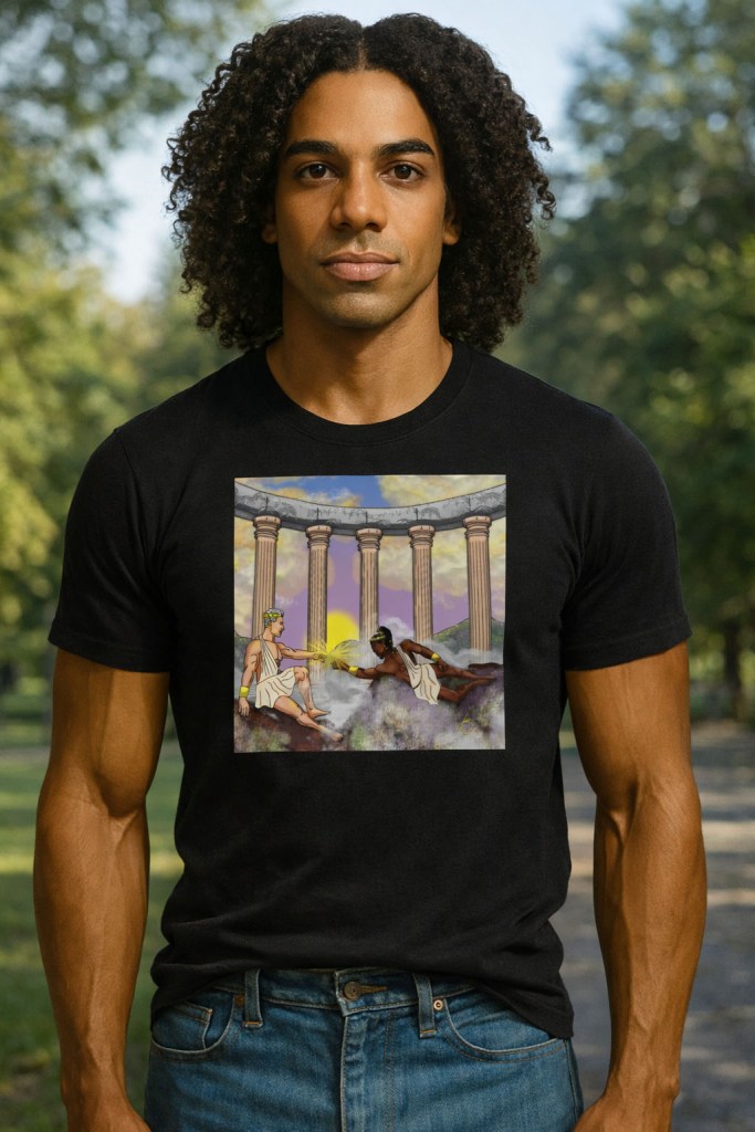 Apparel featuring artwork of two male Greek gods reaching across clouds and columns, glowing with divine energy on Mount Olympus.