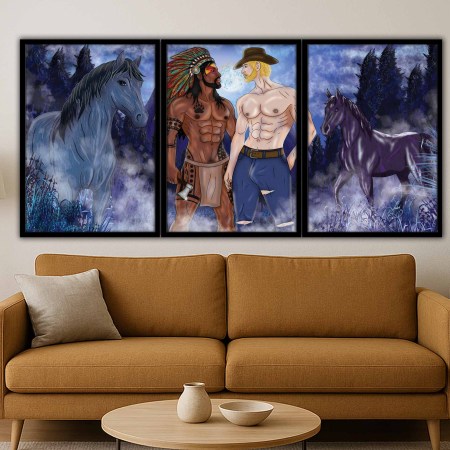 Moonlit fantasy wall art featuring two muscular men facing each other beneath a full moon, in a misty forest.