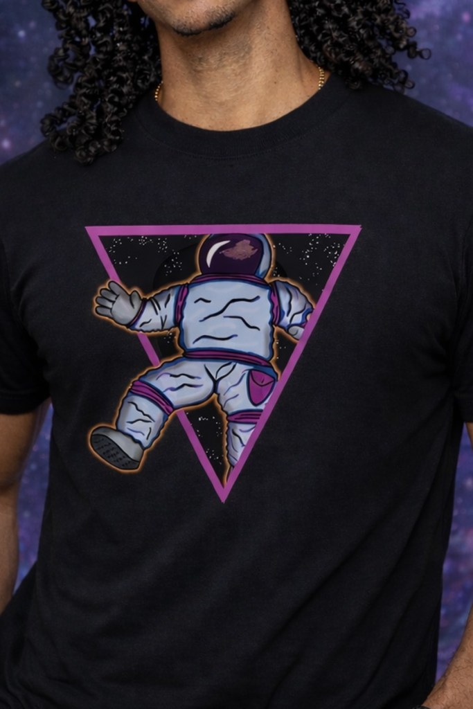 Black astronaut drift graphic T-shirt worn by male model with neon triangle space design