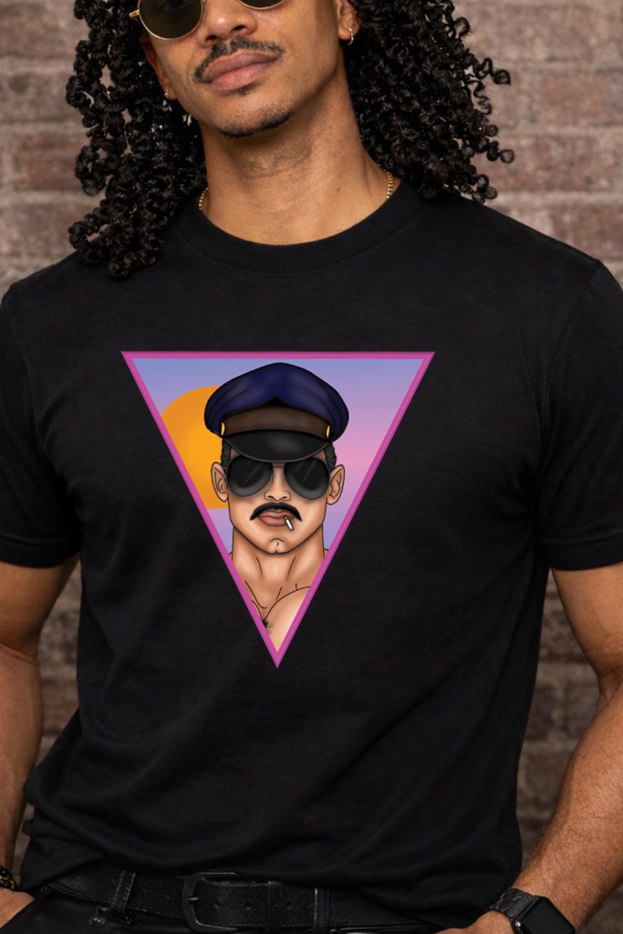 Black T-shirt, jumper and hoodie featuring a retro illustrated portrait of a man in sunglasses and cap inside a neon triangle