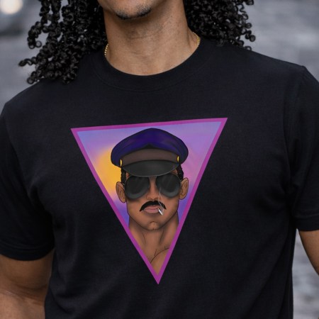 Rick leather daddy pop art design on black t-shirt jumper and hoodie featuring a bold LGBTQ graphic illustration.