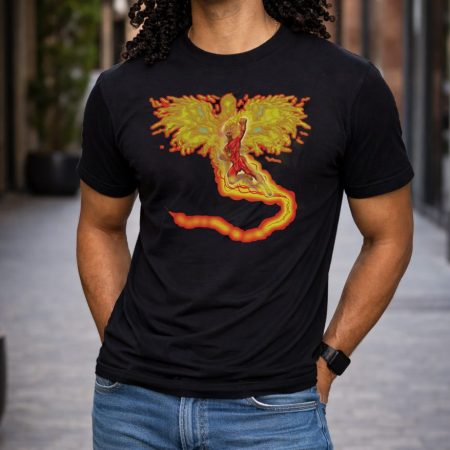 Black apparel featuring glowing phoenix man design with fiery wings, worn by male model in a clean studio setting