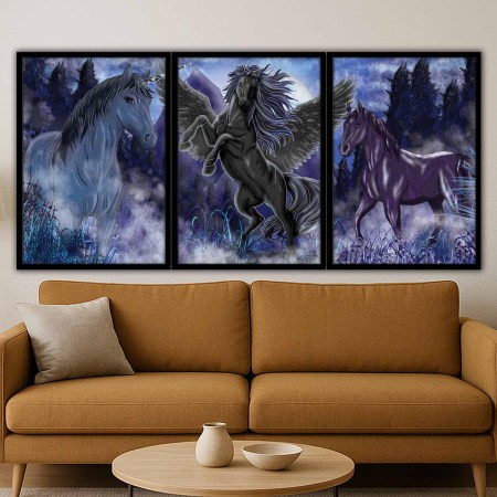 Wild Spirit fantasy wall art featuring mystical horses and a winged Pegasus standing in a moonlit forest landscape.