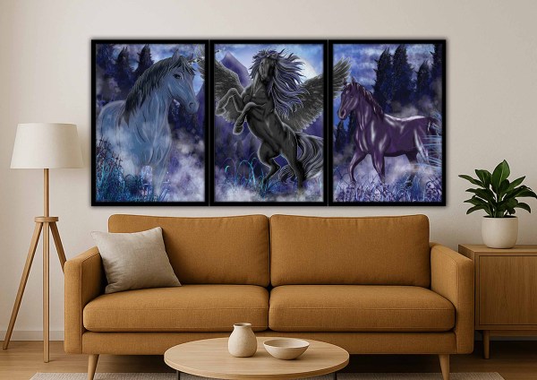 Wild Spirit fantasy wall art featuring mystical horses and a winged Pegasus standing in a moonlit forest landscape.