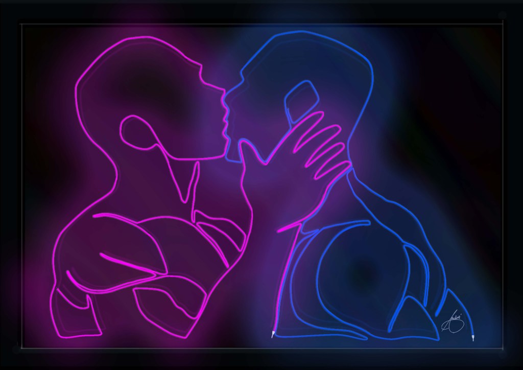 Neon line art of two men kissing