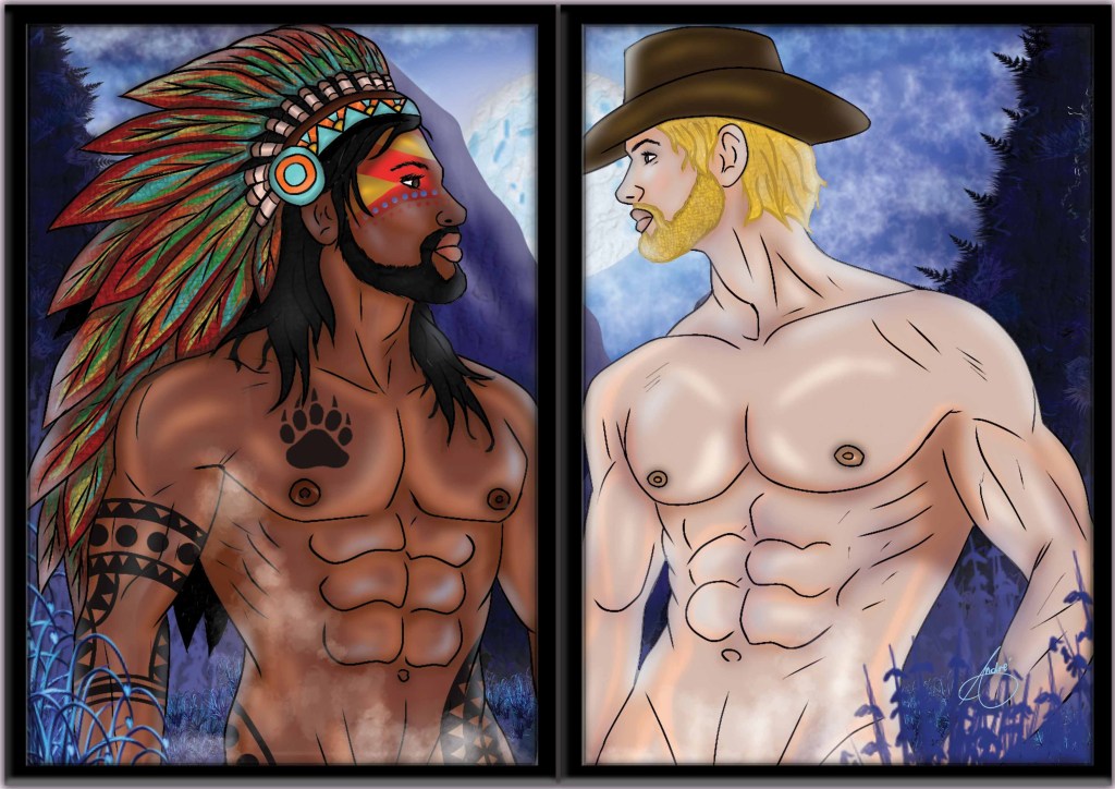 Moonlit fantasy wall art featuring two muscular men facing each other beneath a full moon, in a misty forest.